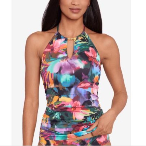 NWT!! Ralph Lauren Black Label - Halter High Neck Tankini Swim Top - Multi - 4 - Picture 1 of 8